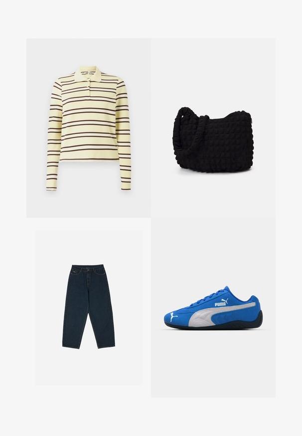 Langærmet polo-shirt i gul med vandrette brune og hvide striber, med en klassisk krave og tre-knaps placket.; Mørkeblå højtaljede jeans med afslappet pasform, udstyret med fem lommer og knaplukning. Fremstillet af denim med en glat overflade.; Blå sportsko med overdel i ruskind, med en hvid sidepanel og sort gummisål. Indeholder et hævet PUMA-logo på siden.; Sort stofpose med en struktureret, quilted mønster. Rund form, korte, tykke håndtag, og en blød, fleksibel struktur.
