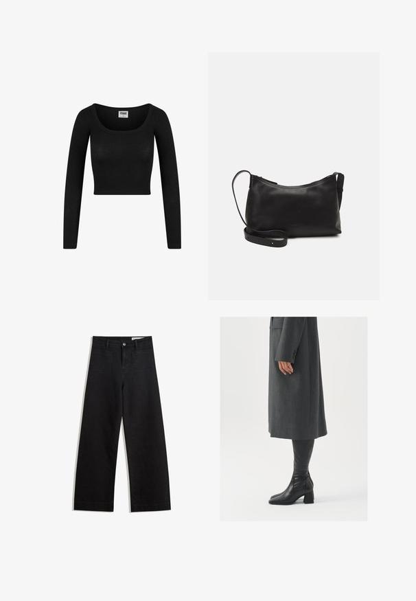 Črni dolgi rokavi skrajšan top z okroglo ovratnikom, izdelan iz rebraste tkanine. Ima prilegan silhueto in mehak otip.; Črne široke denim hlače z visokim pasom, ki imajo sprednje in zadnje žepe, šivane šive ter gumbasto zapiranje. Gladka tekstura.; Siv prešita zimska plašča ravnega kroja; obuta z visokimi črnimi usnjenimi škornji, ki imajo kvadratni nos in debel pet.; Črna usnjena torba čez ramo z gladko teksturo, ukrivljeno obliko, nastavljivim trakom in zadrgo. Minimalističen dizajn brez okrasnih detajlov.