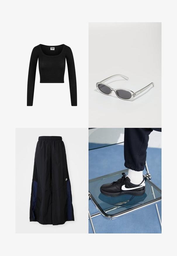 Schwarzes langärmliges Cropped-Top mit einem runden Ausschnitt, aus geripptem Stoff gefertigt. Hat eine figurbetonte Silhouette und eine weiche Textur.; Schwarze weit geschnittene Hose aus leichtem Stoff, mit einem dunkelblauen Seitenpanel und einem elastischen Bund. Kleines weißes Logo am unteren Ende.; Schwarze Nike-Sneaker mit weißen Akzenten, die über eine glatte Ledertextur, ein Schnürdesign und eine abgerundete Zehenform verfügen, platziert auf einem Glasstuhl.; Sonnenbrille mit ovaler Form, klarem Kunststoffrahmen, dunkelgrauen Gläsern und dünnen transparenten Bügeln mit Logo-Akzenten und minimalen Details.