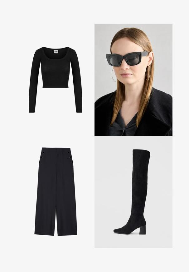 Svart langermet cropped topp med rund hals, laget av ribbet stoff. Har en tettsittende silhuett og myk tekstur.; Bredde benbukser i mørk marinefarge, med en jevn tekstur, frontfalter og dekorative gullfargede øyespenner på sidelommene.; Sorte semskede knelang støvel med blokk-heelsk, spiss tå og glatt, sømløst design på en ensfarget lys bakgrunn.; Sorte katteøyne solbriller med mørke linser, tykke rammer og subtile detaljer. Båret med en svart frakk og grå topp, med langt, rett hår.