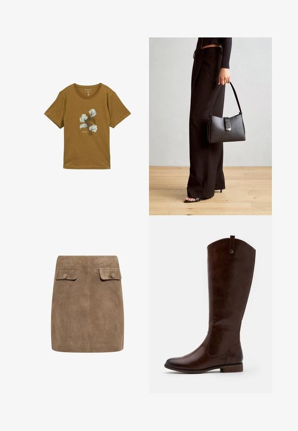 Rjava kratka majica s kratkimi rokavi z okroglim izrezom in abstraktnim belim ter temno rjavim cvetličnim vzorcem na prsih, označena z "Tom Tailor."; Rjava semi krila iz jasnega sued materiala z gladko teksturo, ki imata spredaj dva žepa z flapom in gumbom na vsaki strani. Preprost, raven dizajn.; Rjave škornje do kolen, izdelane iz gladkega usnja, z zaobljenim nosom, nizkim naloženim peto in diskretnim šivanim vzorcem ob straneh.; Črna torbica z strukturirano obliko, gladko teksturo in kovinskim zaponko. Ujemajo se z širokimi črnimi hlačami in odprtimi sandali na lesenem tleh.