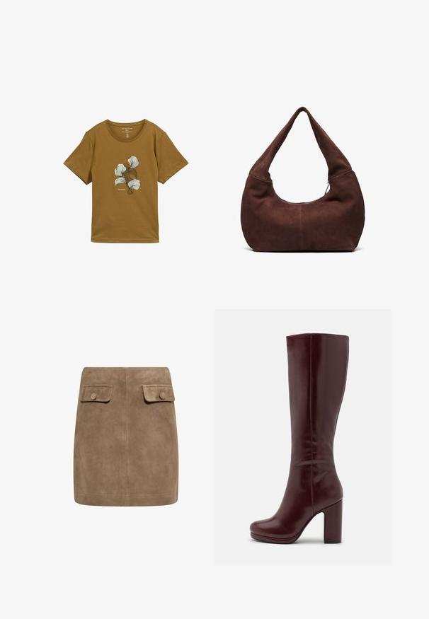 Brun kortärmad T-shirt med rund hals och abstrakt vitt och mörkbrunt blommönster på bröstet, märkt "Tom Tailor."; Brun mockaskinn mini kjol med en slät textur, som har två framfickor med klaff och knäppningar på varje sida. Enkel, rak design.; Anna Field Högklackad stövel - red; Brun mockaim väskan med ett böjt, brett handtag och en stor öppning. Mjuk textur med synlig sömnadsdetalj längs kanterna.