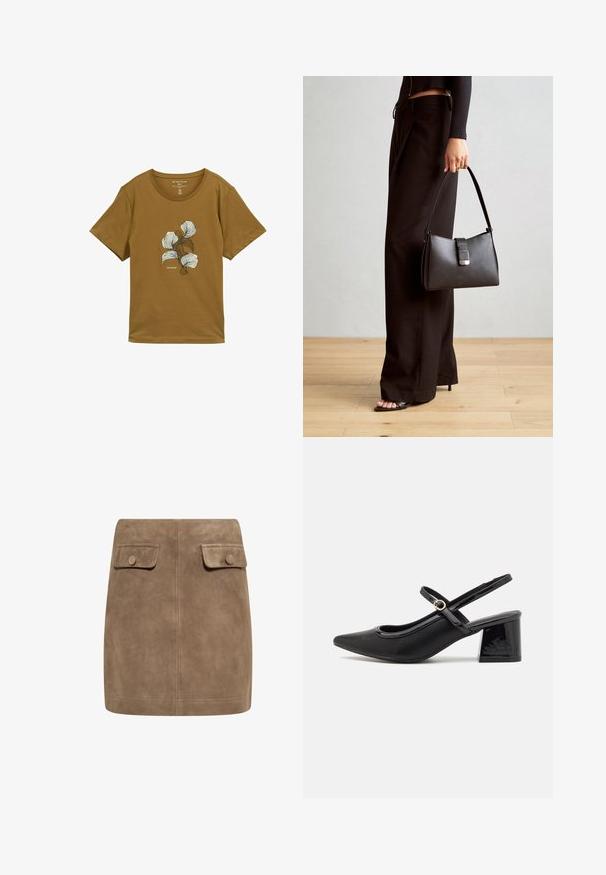 Bruine korte mouwen T-shirt met ronde hals en abstract wit en donkerbruin bloemdesign op de borst, gemarkeerd met "Tom Tailor."; Bruine suède mini-jurk met een gladde textuur, voorzien van twee voorflapzakken en knoopsluitingen aan elke kant. Eenvoudig, recht ontwerp.; Zwarte gepolijste leren slingback hakken met een spitse neus, een ronde uitsnede en een blokhak. Voorzien van een gouden gespaccent.; Zwarte handtas met gestructureerde vorm, gladde textuur en een metalen sluiting. Gecombineerd met brede zwarte broeken en sandalen met open teen op een houten vloer.