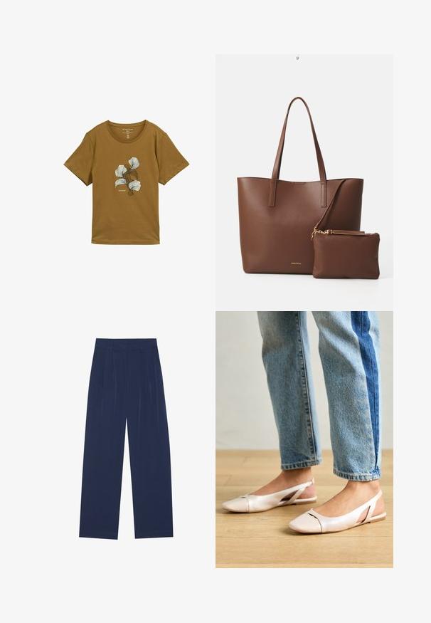 Smeđa majica kratkih rukava s okruglim izrezom i apstraktnim bijelim i tamnosmešnim cvjetnim uzorkom na prsima, označena "Tom Tailor."; Tamno plave hlače širokih nogavica, izrađene od mekog materijala, s prednjim nabora, glatke teksture i ravnog kroja bez vidljivih džepova.; Svijetlo ružičaste slingback balerinke s šiljastim vrhom, izrađene od glatkog materijala nalik koži. Sadrže izrezane detalje sa strane i ravnu petu.; Smeđa torba od umjetne kože s dva duga ručka i odgovarajućom malom torbicom. Površina ima teksturirani uzorak i zlatne metalne detalje.