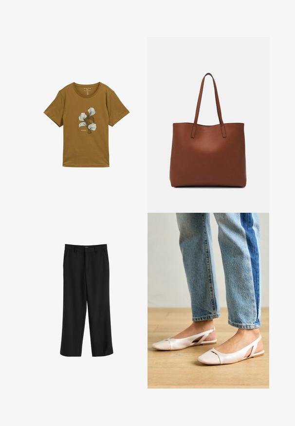 Barna, rövid ujjú póló kerek nyakkal, absztrakt fehér és sötétbarna virágmintával a mellrészen, "Tom Tailor" felirattal.; Fekete nadrág sima anyagból, egyenes lábmegoldással és sima elülső zsebekkel. Derékpánttal és övakasztókkal rendelkezik. Nincs látható minta.; Világos rózsaszín slingback laposlábú cipők, hegyes orral, sima bőrhatású anyagból készült. Oldalt kivágott részletek találhatók rajta, valamint lapos sarkú.; Barna bőr vászontáska sima textúrával, nyitott tetejű dizájnnal és két vállpánttal. Minimális varrással és látható hardver nélkül készült.