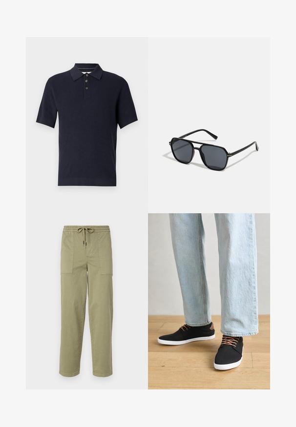 Námornícky modré polo tričko s krátkym rukávom, textúrovaný vzor, golier a zapínanie na tri gombíky. Rybkované zakončenie a manžety zlepšujú tvar a strih.; Svetlo olivové nohavice vyrobené z zmesi bavlny, s elastickým pásom na šnúrku a dvoma veľkými bočnými vreckami.; Čierne plátenné tenisky s hnedými akcentmi, bielymi gumovými podrážkami a hnedými šnúrkami, skombinované so svetlomodrými rovnými džínsami. Pozadie s drevenou podlahou.; Čierne slnečné okuliare s osemuholníkovým rámom, tmavými sklami, lesklým povrchom, tenkými rámčekmi a zlatými akcentmi na prednej strane.