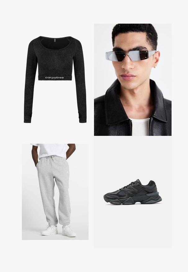 Zwarte langmouw crop top van zacht materiaal. Heeft een ronde halslijn en textuurelementen langs de mouwen. Logo weergegeven aan de zoom.; Man in lichtgrijze joggingsbroek met trekkoord en witte sneakers, staand met zijn handen in zijn zakken tegen een witte achtergrond.; Zwarte hardloopschoen met een mix van mesh en synthetische materialen, een stevige zool, gebogen ontwerp en prominente branding op de zijkant.; Hoekige, grijsgetinte zonnebril met zilveren accenten, tegen een lichte achtergrond. De lenzen hebben een unieke geometrische vorm.