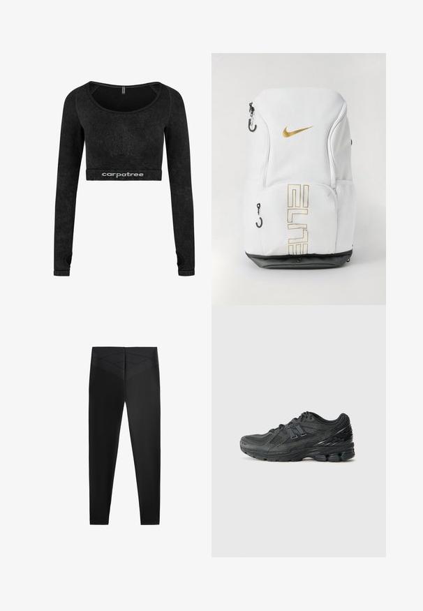 Musta pitkähihaisuus crop-top pehmeästä materiaalista. Ominaisuudet pyöreä pääntie ja hyvin pitkähihaiset korostukset hihoissa. Logo näkyvissä helman kohdalla.; Mustat urheiluleggingsit, joissa on sileä pinta, leveä vyötärö vyötä varten ja viistot tekstuurikuviot vyötärön lähellä lisäsuunnittelua varten.; Mustat juoksukengät, joissa on verkkomateriaalista valmistettu päällinen, pehmustettu kaulus, synteettisiä yksityiskohtia ja teksturoitu pohja, jossa on näkyviä vaimennuselementtejä.; Valkoinen Nike-reppu, jossa on kultainen logo ja "ELITE"-teksti, vetoketjukiinnitykset, verkkokylkipussit ja musta pohja. Sileä rakenne.