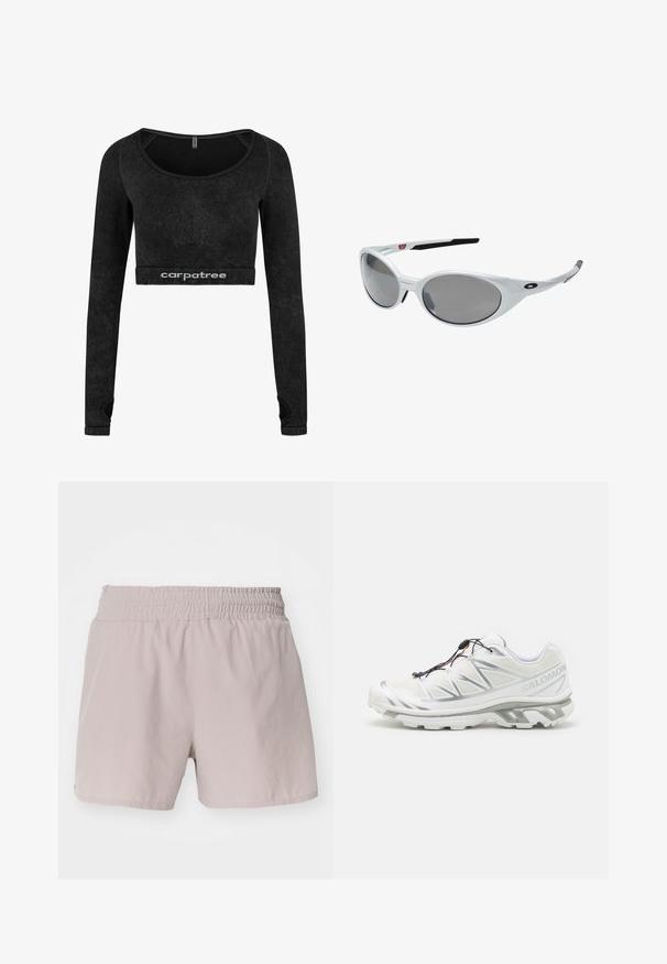 Mustade pika varrukaga lühikeste pluus pehmest materjalist. Omab ümarat kaelust ja tekstuurseid aktsente varrukate ääres. Logot on näha servas.; Heledad beežid lühikesed püksid elastse vöökoha, siledat tekstuuri ja lihtsa disainiga. Omavad nähtavaid kinnitusi või mustreid.; Valge spordijalats, millel on tekstuuriga pealispind, peegeldavad detailid ja hall tallaosa. Omab rõhutatud kolmnurkseid mustreid ja kiire-kummutusmehhanismi.; Valged plastikust prillid suurte ovaalsete objektiividega, halli toonistusega. Omavad musti kõrvaankreid ja väikest logot raamil. Sujuv viimistlus.; Salomon ACTIVE SKIN 12 SET UNISEX - Joogisüsteemiga seljakott - black