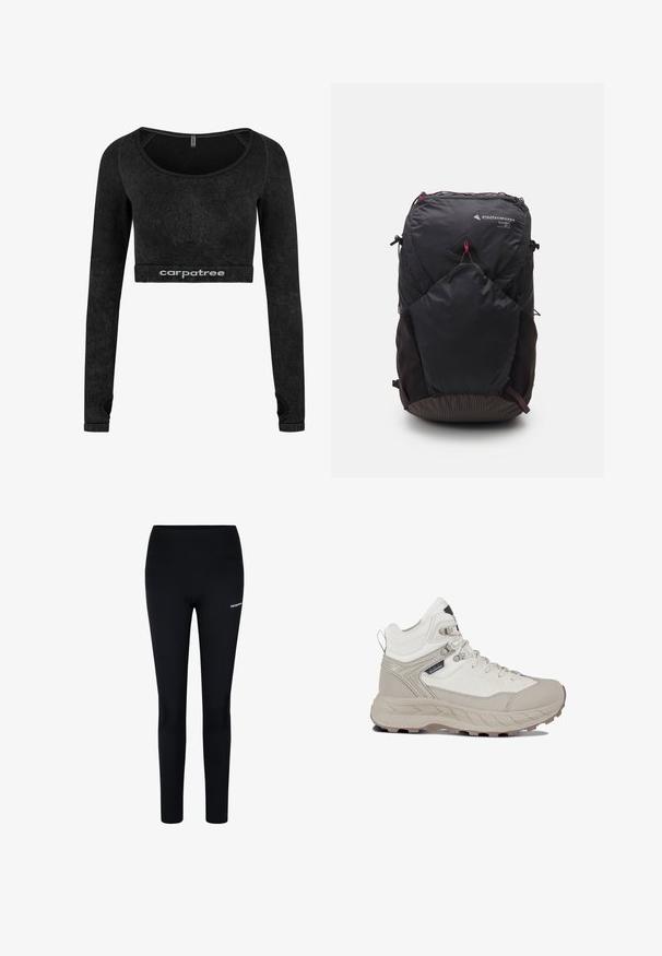 Černý dlouhý rukáv crop top vyrobený z měkkého materiálu. Disponuje kulatým výstřihem a texturovanými detaily na rukávech. Logo je umístěno na spodním lemu.; Černé legíny vyrobené z elastického materiálu, s vysokým pasem a malým logem na levém stehně, navržené pro pohodlí a pohyblivost.; Béžové turistické boty s texturovaným svrchním materiálem, zesíleným kotníkem a robustní podrážkou. Obsahují šněrování a voděodolné detaily.; Černý batoh s trojúhelníkovým logem, kapacita 26L, zipové uzavření, texturovaná spodní část a kontrastní červené akcenty pro přidaný detail.