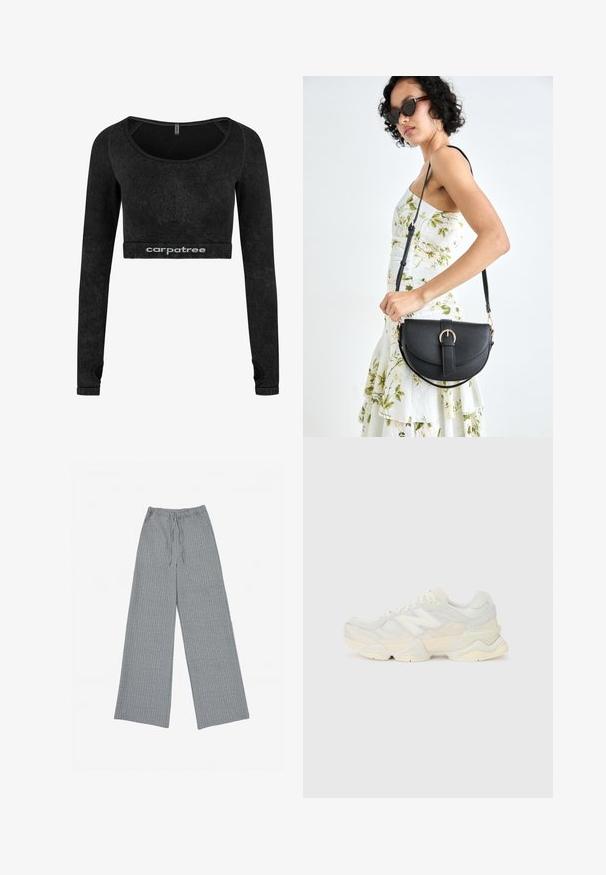 Juodas ilgomis rankovėmis trumpas viršus, pagamintas iš minkštos medžiagos. Yra su apvaliu iškirpimu ir tekstūruotais akcentais ant rankovių. Logotipas matomas apatinėje dalyje.; Pilki plačių kojų džinsai, pagaminti iš tekstūruotos medžiagos su subtiliu vertikaliu juostelių raštu, turi elastingą juosmenį ir raištelį.; Lengvas sportinis batelis su tinklinio ir zomšinės viršutine dalimi švelniu kremo atspalviu, turi masyvų pado dizainą ir trimatį akcentą.; Juodas odinis krepšys su išlenkta forma, nuimamu dirželiu ir auksiniais detalėmis. Krepšys turi kilpą su sagtimi.