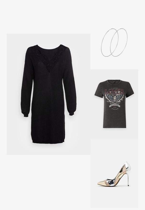 Hallhallane puuvillane t-särk, millel on kotka graafika siniste tiibadega, punane tekst "ALL AMERICAN LOVER" ja bänner, millel on kirjutatud "SETTLE FOR NOTHING."; Mustardane kootud kleit, millel on pikad varrukad, V-kaelus ja pitsdetailid kaeluse ümber. Ribakujuline tekstuur ja külgedel lõhed hemmi juures.; Kitsas toe kõrge kontsaga kingad, millel on hõbedane, kuldne ja nude värvilahendus. Läikiv viimistlus lõikekujundusega, stiletto konts.; Hõbedane metallikoti kott pehme, ümar kuju ja sõlme ülemise sulgemisega. Valmistatud siledast kunstnahast materjalist.; Hõbedased rõngastikkaehingad minimalistlikus disainis. Ümar kuju, sile tekstuur ja õhuke profiil. Kerged ning poleeritud viimistlusega.