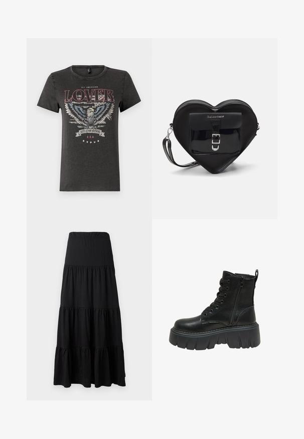 Grå bomulds T-shirt med et ørnegraphic med blå vinger, rød tekst der læser "ALL AMERICAN LOVER," og et banner med "SETTLE FOR NOTHING."; Sort maxiskørt lavet af blødt stof, med et lagdelt design, elastisk linning og rufflede detaljer i kanten.; Sorte læder ankelstøvler med en tyk platformsål, der har snørebånd foran og lynlås i siden for nem påtagning. Teksturede detaljer langs sålen.; Sort hjertetask lavet af patentlæder med en frontlomme, der har en spænde-lukning og en aftagelig rem. Sølv hardware accenter.