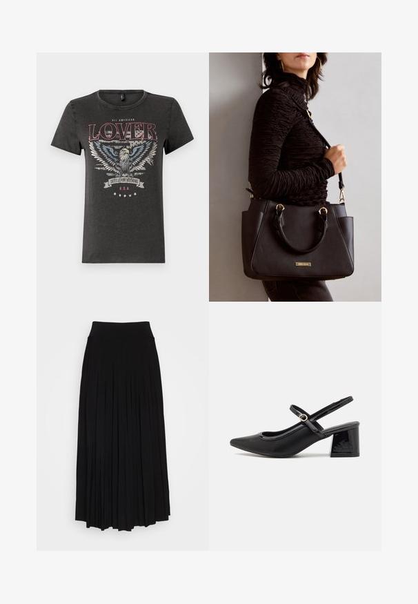 Pelēks kokvilnas T-krekls ar ērgļa grafiku, zilām spārniem, sarkanām uzrakstiem "VISIEM AMERIKĀŅIEM MĪĻOTĀJS" un lentu ar tekstu "NEAPSTĀJIES PIE NEDARBA".; Melna plisētā svārku ar augstu, izstiepjamu jostasvietu. Izgatavoti no mīksta auduma, ar vertikālām plisēm, kas rada plūstošu siluetu.; Melns patentēts ādas sandales ar norādīta pirksta formu, noapaļotu izgriezuma dizainu un bloķētu papēdi. Iezīmēta ar zelta toņa sprādzi.; Melnā rokassoma ar teksturētu virsmu, diviem augšējiem rokturiem un regulējamu pleca siksnu. Iespējas ar zelta krāsas aparatūru un sānu kabatām.