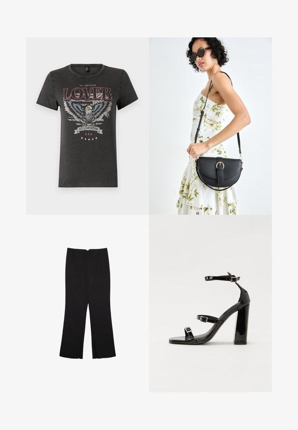 Graues Baumwoll-T-Shirt mit einem Adler-Graphic mit blauen Flügeln, rotem Text "ALL AMERICAN LOVER" und einem Banner mit "SETTLE FOR NOTHING."; Schwarze Hose mit geradem Schnitt, ausgestattet mit Fronttaschen und Seitenschlitzen am Saum. Hergestellt aus weichem, glattem Stoff. Geeignet für verschiedene Anlässe.; Schwarze Lackleder-Sandalen mit hohen Absätzen, zwei Riemen mit Schnallen, quadratischer Zehenpartie und klobigem Blockabsatz, mit einer glatten, glänzenden Textur.; Schwarze Lederhandtasche mit geschwungener Form, abnehmbarem Tragegurt und goldenen Beschlägen. Die Tasche verfügt über einen Deckel mit einer Schnallen-Details.