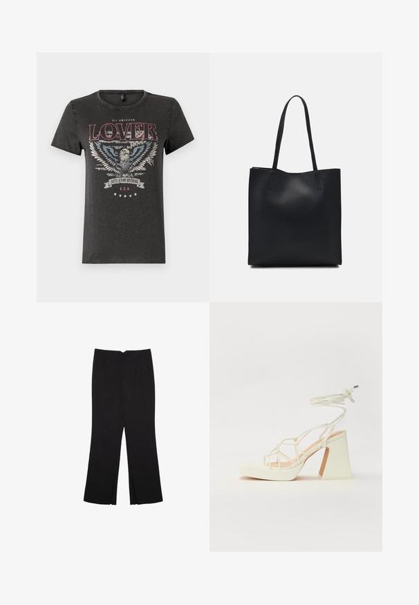 Siva pamučna majica s grafikom orla plavih krila, crvenim natpisom "SVEAMERIKANAC" i zastavom s natpisom "NE ZADOVOLJAVAJTE SE S MANJE."; Crne hlače ravnog kroja, s prednjim džepovima i bočnim prorezima na rubu. Izrađene od mekog i glatkog materijala. Pogodne za razne prigode.; Bijela sandala na visokoj potpetici s debelim petom, s remenom i vezanjem oko gležnja. Glatka tekstura s platformom sprijeda za dodatnu visinu.; Crna kožna torba za nošenje s glatkom teksturom, pravokutnim oblikom i dvije duge ručke. Nema vidljivih metalnih dijelova ili ukrasa.