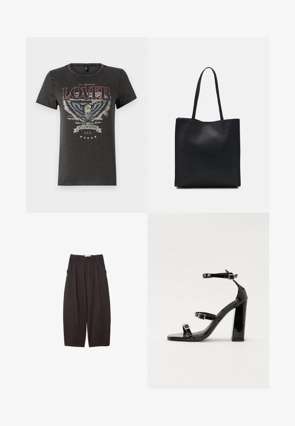 Siva bombažna majica z grafiko orla z modrimi krili, rdečim napisom "ALL AMERICAN LOVER" in transparentom z napisom "SETTLE FOR NOTHING."; Črne široke hlače iz gladkega materiala, z visokim pasom, zgornjimi pregibi in stranskimi žepi. Preprost dizajn brez okrasnih elementov.; Črne lakirane sandale s peto, kvadratnim prstom, trakovi okrog gležnja in srebrnimi zaponkami. Opremljene so s stabilno Debelo peto.; Črna usnjena torba s svilnato teksturo, pravokotne oblike in dvema dolgima ročajema. Brez vidnih metalnih delov ali okrasnih elementov.