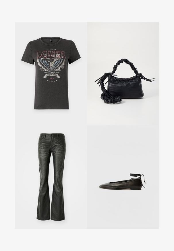 Sivá bavlnená tričko so grafikou orla s modrými krídlami, červeným textom "ALL AMERICAN LOVER" a bannerom s nápisom "SETTLE FOR NOTHING."; Čierne faux kožené zvonové džínsy s prednými vreckami, kovovým zapínaním a mierne textúrovaným povrchom. Priamy strih s dlhým strihom.; Čierne kožené baletky s špicatou špičkou, viazaním okolo členka a plochou podrážkou, s hladkou textúrou a minimalistickým dizajnom.; Čierna umelá kožená kabelka s kroko vzorom, sťahovaným vrchom a zhnutým popruhom. Vyzerá mäkko a kompaktné v dizajne.