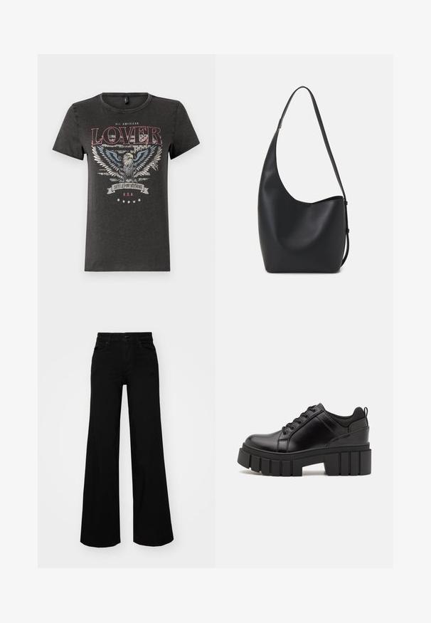 Tricou din bumbac gri, cu un grafic de vultur cu aripi albastre, text roșu care spune "ÎNDRĂGOSTIT DE AMERICA" și o panglică cu mesajul "NU TE MULȚUMI CU PUȚIN."; Pantaloni negri cu picioare largi, din denim, cu un brau structurat, bucle pentru curea și buzunare frontale. Textură netedă, cu un design clasic.; Pantofi cu talpă plată din piele neagră, cu toc gros, vârf rotund și design tradițional cu șireturi. Prezintă o textură netedă și detalii minime.; Geantă hobo din piele neagră, cu o textură netedă, formă curbată și un singur bretele ajustabil; are o deschidere largă în partea de sus.