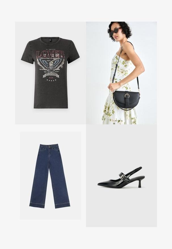 Hallhallane puuvillane t-särk, millel on kotka graafika siniste tiibadega, punane tekst "ALL AMERICAN LOVER" ja bänner, millel on kirjutatud "SETTLE FOR NOTHING."; Laiad püksid tumedast sinisest denimist. Omab viit taskut, vöölõke ja toore äärega allosas, kus on nähtavad õmblused.; Mustad patenteeritud nahast sildiga kontsad, millel on terav nina ja väike plokk-konts, mille rihmal on hõbedane pandla aksessuaar.; Mustmust mustraha kõverate joontega, eemaldatava rihmaga ja kuldsete detailidega. Kotil on klapp, millel on pandladetail.