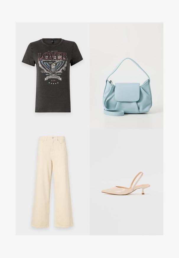 Szürke pamut póló, kék szárnyú sas grafikával, piros felirattal, amelyen az áll "ALL AMERICAN LOVER", és egy zászló, amin az áll "SETTLE FOR NOTHING."; Bézs, széles lábú farmernadrág, pamutból készült. Gombos záródással, övhurkokkal és elülső zsebekkel rendelkezik, sima, puha tapintással.; Bézs színű lakkbőr slingback magassarkú cipők hegyes orral és vékony, négyzetes sarkú dizájnnal. Simább textúra és minimalista stílus, díszítések nélkül.; Világoskék bőrtáska, felső fogantyúval, elülső fedélzsebkémmel és levehető csuklószíjjal, fehér háttér előtt.