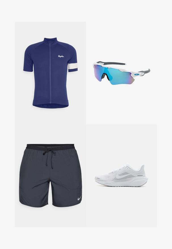 Rapha MENS CORE LIGHTWEIGHT - Velo krekls - medieval blue/white alyssum; Nike skriešanas šorti tumši pelēkā krāsā, ar elastīgu jostu un auklu, kā arī sudraba logotipu zem labā kājas apakšdaļā.; Baltā sporta apava ar sieta augšdaļu, gludām tekstūras aplikācijām, pelēkiem akcentiem, šņorēm un amortizētu zoli, kas izstrādāta veiktspējai.; Saulesbrilles ar baltu rāmi, pelēkiem akcentiem un ziliem spoguļobjektīviem. Sportisks dizains, apņemjoša forma un regulējami deguna spilventiņi.