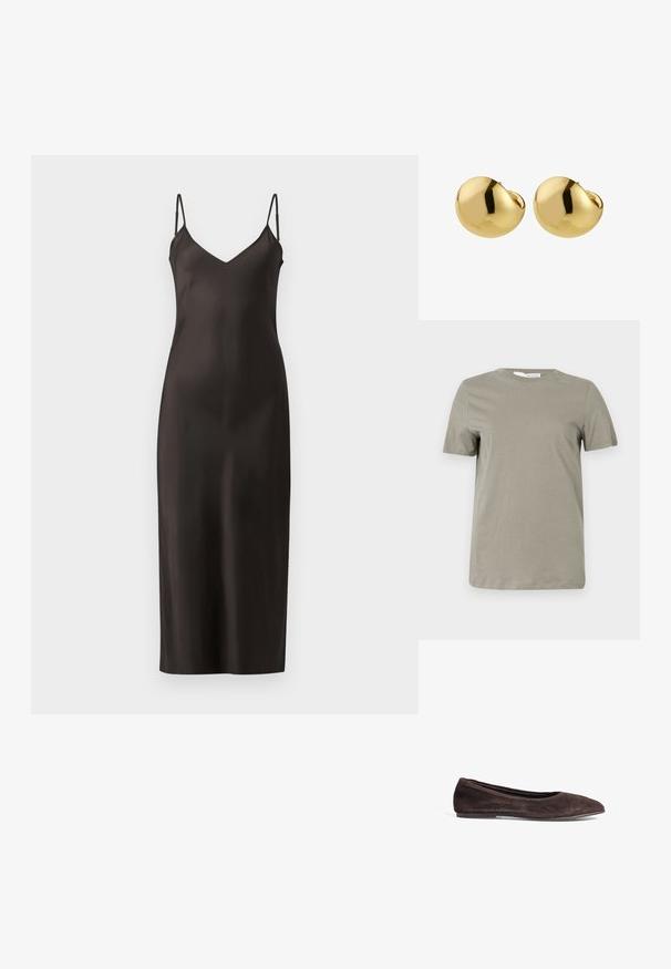 Kaki majica s kratkimi rokavi iz mehke tkanine. Okrugel ovratnik; raven rob. Minimalističen dizajn brez vidnih vzorcev ali poudarkov.; Črna satenasta obleka na naramnice z nastavljivimi trakovi, V-izrezom in ravno silhueto do tal. Gladka tekstura in minimalističen dizajn.; Rjavi zamšasti baletni čevlji s koničastim prstom in nizkim profilom. Imajo gladko teksturo in minimalističen dizajn. Brez vidnih kovinskih delov ali okraskov.; Tote torba iz pletene slame v bež barvi, z ročaji iz črne usnje in srebrnim okovjem. Prostorna, ukrivljena oblika z teksturirano površino.; Pilgrim JACE - Uhani - gold-coloured