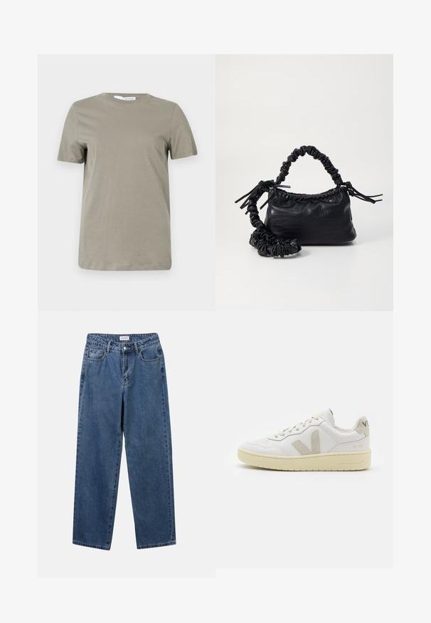 Khaki tričko s krátkým rukávem vyrobené z měkké tkaniny. Kulatý výstřih; rovný lem. Minimalistický design bez viditelných vzorů nebo akcentů.; Klasické modré džíny z denimu se střihy rovné nohy, pěti kapsami a zapínáním na knoflík. Mají střední odstín a odolnou texturu.; Bílé kožené tenisky s béžovými semišovými akcenty, perforovanou špičkou, plochými tkaničkami a strukturovanou krémovou podešví. Obsahují jemné logo na patě.; Černá kabelka z umělé kůže s krokodýlím vzorem, staženým vrškem a zmačkaným popruhem. Zdá se, že má měkký a kompaktní design.