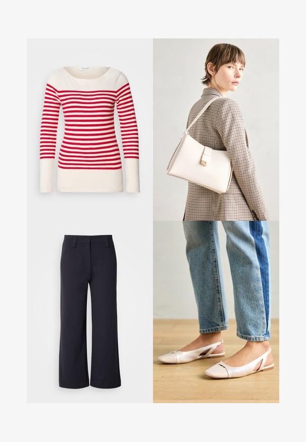 Red and white striped long-sleeve top with a wide neckline and fitted design, made from a soft, lightweight fabric.; Wide-leg trousers in dark navy fabric. Features a flat front, belt loops, and side pockets. The material is smooth with a slight stretch.; Pale pink slingback flats with a pointed toe, made from a smooth leather-like material. Features cut-out details at the sides and a flat heel.; White leather handbag with a structured design, featuring a magnetic clasp and a shoulder strap, showcased against a neutral background.