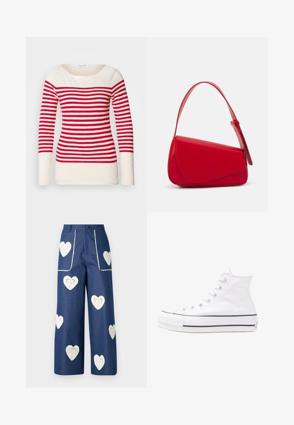 Red and white striped long-sleeve top with a wide neckline and fitted design, made from a soft, lightweight fabric.; Sister Jane HEART TO HEART - Straight leg jeans - blue denim; White high-top canvas sneaker with black rubber sole, front rubber toe cap, and six eyelets for laces, featuring a clean, minimalist design.; Red leather handbag with an angular, geometric design. Features a single adjustable strap and a flap closure with stitched detailing.