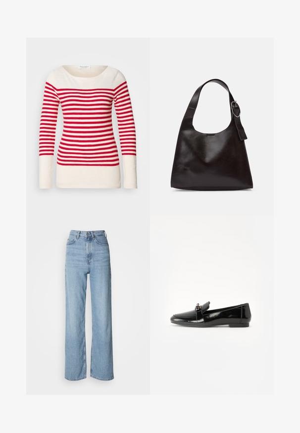 Red and white striped long-sleeve top with a wide neckline and fitted design, made from a soft, lightweight fabric.; Light blue high-waisted jeans with a straight leg, made of denim, featuring a front button closure and subtle fading details.; Black patent leather loafer with a flat sole, rounded toe, and a decorative strap featuring a gold-tone accent. Smooth, shiny finish.; Brown leather shoulder bag with a smooth texture, rounded shape, wide strap, and circular metallic accent on the handle.