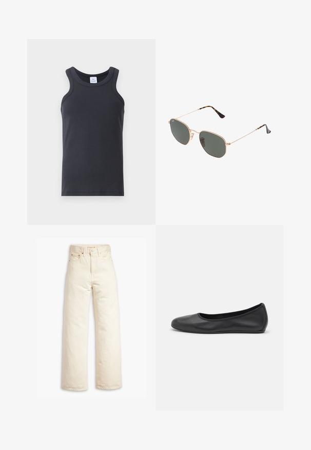 Top negru cu dungi, cu decolteu rotund, bretele late și o textură netedă. Include o etichetă la decolteu.; Blugi largi bej din denim de bumbac. Caracteristici includ talie înaltă, închidere cu nasture și design cu cinci buzunare. Textură netedă și durabilă.; Balerini din piele neagră, cu vârf rotund, textură netedă, detalii de cusătură minimale și un design al tălpii flexibil.; Ochelari de soare cu ramă din metal auriu și lentile de culoare verde închis, stil aviator, cu brațe subțiri și accente din fâscă pe vârfuri.