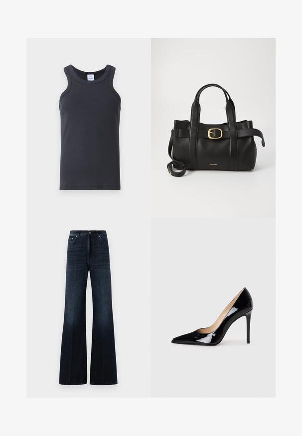 Crna rebrasta majica bez rukava s okruglim izrezom, širokim naramenicama i glatkom teksturom. Sadrži oznaku na izrezu.; Tamno plave traperice visokog struka širokih nogavica s prednjim džepovima, petljama za remen i zatvaranjem na dugme i patentni zatvarač.; Crne lakirane kožne štikle s dizajnom ušiljenog nosa i elegantnom siluetom. Imaju glatku, sjajnu završnu obradu i vitak stiletto potplat.; Crna kožna torba s strukturiranim dizajnom, dvostrukim gornjim ručkama, zlatnim kopčom kao naglaskom i utisnutim logotipom marke sprijeda.