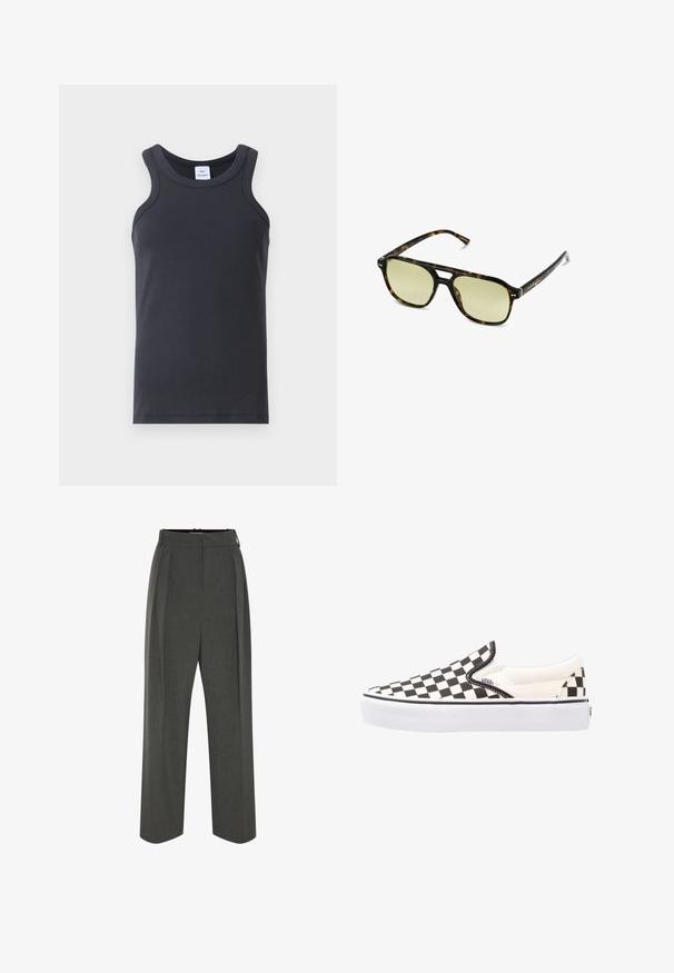 Canotta nera a costine con scollatura rotonda, spalline larghe e una texture liscia. Include un'etichetta alla scollatura.; Pantaloni grigi a gamba larga realizzati in tessuto texturizzato, con vita alta e pieghe frontali. Il design presenta una cintura liscia e nessuna chiusura visibile.; Scarpe Vans slip-on a scacchi bianchi e neri con tomaia in canvas, suola in gomma e colletto imbottito. Punta piatta e rotonda con dettagli bianchi sulla suola.; Occhiali da sole tartaruga con forma rettangolare, lenti con tonalità verde e montatura in acetato decorata. Presentano dettagli metallici vicino alle lenti.; Borsa a mano in pelle scura con due tasche frontali, una fibbia centrale e hardware in tono oro. Texture liscia con una silhouette curva.