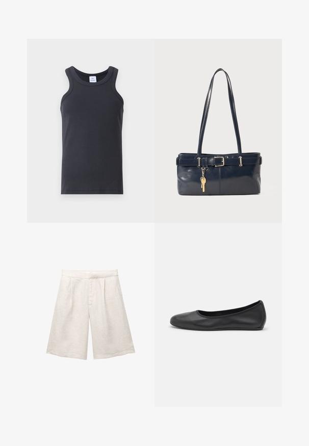 Crna rebrasta majica bez rukava s okruglim izrezom, širokim naramenicama i glatkom teksturom. Sadrži oznaku na izrezu.; Bež lanene hlače s širokim nogavicama, s prednjim naberama i glatkim pojasom. Tkanina ima blago teksturiranu završnu obradu.; Crne kožne baletanke s zaobljenim vrhom, glatke teksture, minimalnim detaljima šavova i fleksibilnim dizajnom potplata.; Morska kožna torbica s dva duga ramena, detaljem kopče i privjeskom za ključeve. Ima glatku teksturu i pravokutni oblik.