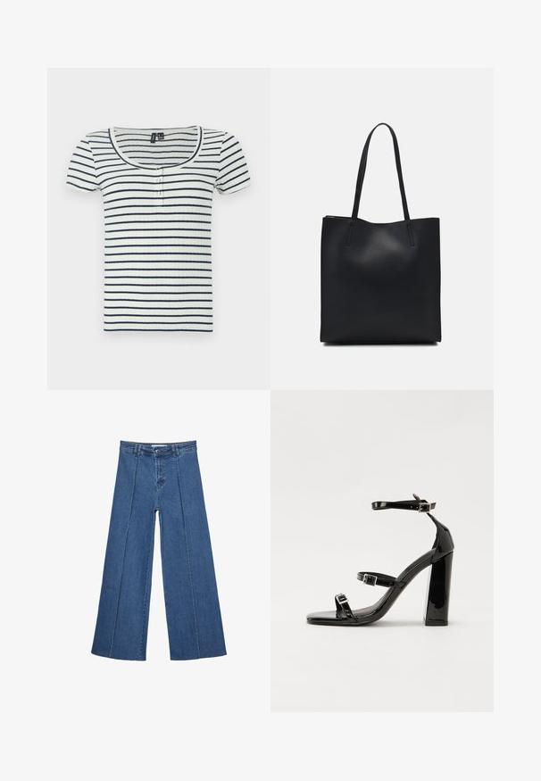 Ribbed t-paita lyhyillä hihoilla, jossa on halkio kaula-aukko, vaakasuoria laivastonsinisiä ja valkoisia raidoituksia sekä kolme nappia edessä.; Korkeat vyötäröiset, keskisiniset, leveiden lahkeiden denim-farkut, joissa on nappikiinnitys ja kontrastiväriset pystysaumadetaileja edessä.; Musta kiiltävä korkokenkä sandaalit neliönmuotoisella varpaalla, nilkkaremmillä ja hopeisilla soljilla. Varustettu tukevalla lohkokorkealla vakauden takaamiseksi.; Mustapahkainen kangaskassi, jossa on sileä pinta, suorakaiteen muotoinen ja kaksi pitkää kahvaa. Ei näkyvää metalliosaa tai koristeita.