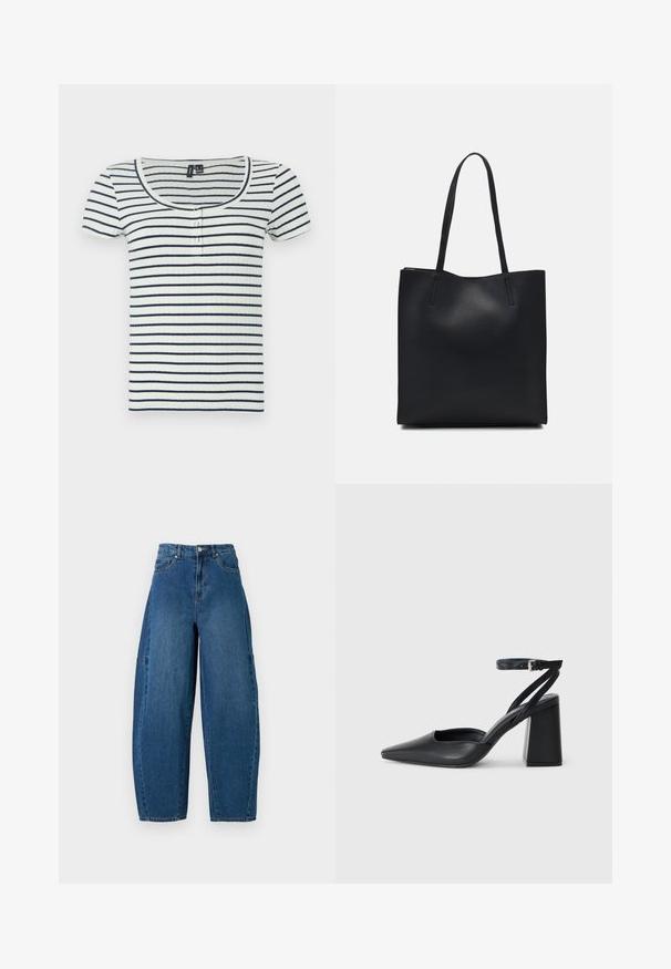 Túnica de manga corta acanalada con escote en forma de barco, que presenta rayas horizontales en marino y blanco y tres botones en el frente.; Jeans de denim en un lavado azul medio, con una cintura alta, corte de pierna ancha y diseño estándar de cinco bolsillos con detalles de costura visibles.; Zapato de tacón puntiagudo de cuero negro con tira en el tobillo y tacón ancho. Textura plana, diseño elegante y estética minimalista.; Bolso tote de cuero negro con textura lisa, forma rectangular y dos asas largas. Sin herrajes ni adornos visibles.