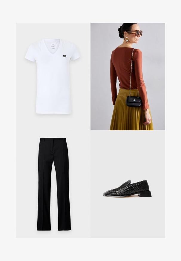 White V-neck t-shirt made of cotton; short sleeves; features a small black logo patch on the chest; smooth texture, fitted design.; Black straight-leg trousers in smooth fabric, featuring a flat front, belt loops, and no visible pockets or embellishments.; Black leather woven slip-on shoe with low block heel and scalloped edge detail, displayed on a white background.; Vivienne Westwood SMALL PURSE CHAIN - Cross body bag - black