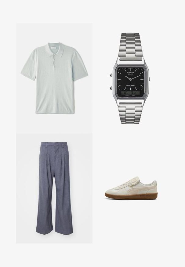 Világoskék pólóing, puha anyagból készült, klasszikus gallérral, három gombos zipzárral és rövid ujjakkal. Minimalista dizájn.; Szürke csíkos nadrág széles lábakkal, elöl pliszírozva és sima textúrával. Nincsenek látható fémrészek vagy kiegészítők.; Fehér bőr edzőcipő textúrált részletekkel, gumitalppal és arany logóval. Fűzős és tépőzáras záródással rendelkezik.; Ezüst rozsdamentes acél kvarcóra fekete, téglalap alakú számlappal, analóg mutatókkal, digitális kijelzővel és vízállósági jelöléssel.