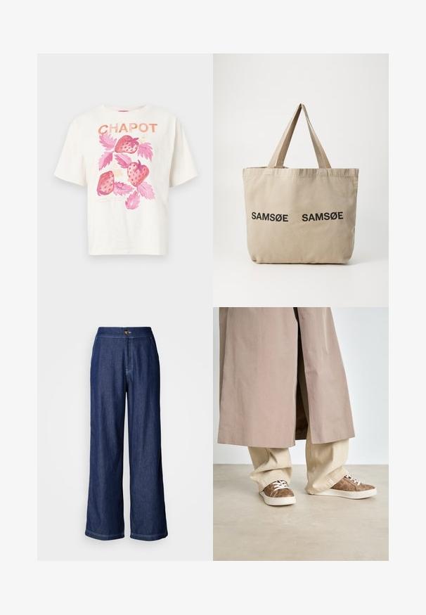 Oversized white cotton t-shirt featuring a pink strawberry print with green leaves and the word "CHAPOT" in orange lettering above the design.; Wide-leg denim pants in dark blue with a button waist closure, contrasting stitching, and a smooth texture. Tailored for a relaxed fit.; Beige trench coat over light beige wide-leg pants. Brown sneakers with a textured pattern and white laces. Smooth, minimalist floor.; Beige canvas tote bag with two black printed "SAMØE" logos. Features sturdy beige shoulder straps and a simple, unstructured design.