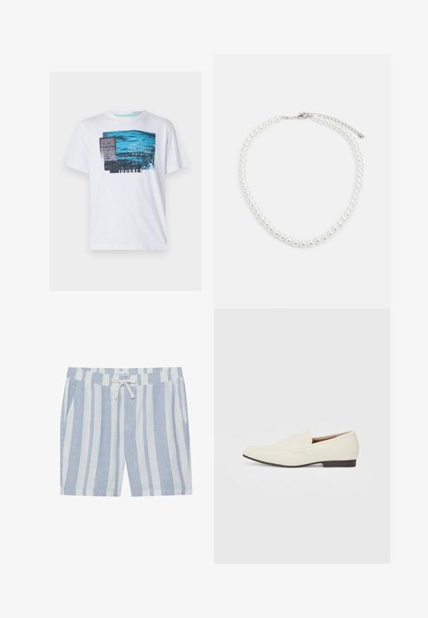 Hvitt kortermet t-skjorte med blå grafisk design med tekst, et teksturert mønster og rund hals, laget av lett bomullsmateriale.; Stripete shorts i lett materiale, med blå og hvite vertikale striper, elastisk linning med snor, og sidelommer.; Lyse beige loafers med spiss tå, glatt materiale, en stropp over vampsen, og en lav brun såle. Enkel design med minimale detaljer.; Hvit perlekjede med en enhetlig rund form, glatt overflate, og metallspenne med en forlengelseskjede for justerbar lengde.