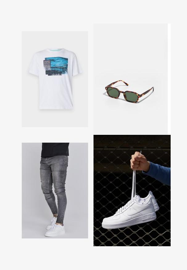 White short-sleeve t-shirt featuring a blue graphic design with text, a textured pattern, and round neckline, made of lightweight cotton material.; Skinny jeans in faded gray denim, featuring distressed details at the knees, paired with white sneakers. Smooth texture, slim fit design.; White leather sneakers with perforations, round toe, flat sole, and thick laces, featuring a visible swoosh logo and "AIR" on the heel.; Tortoiseshell sunglasses with green lenses, featuring an octagonal shape and slim, curved arms. Material has a glossy finish.