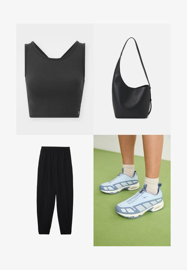 Top corto nero in tessuto testurizzato, con spalline larghe e design della schiena a forma di V. Presenta un'estetica minimalista e un sottile dettaglio del logo.; Pantaloni neri leggeri con vita elastica e caviglie arricciate. Il tessuto è liscio e presenta un design rilassato e affusolato.; Scarpe da ginnastica azzurro chiaro con dettagli bianchi, pannelli testurizzati e chiusura con zip. Presentano una suola con imbottitura ad aria visibile e una suola in gomma.; Borsa hobo nera in pelle con una superficie liscia, forma curvata e una singola tracolla regolabile; presenta un'ampia apertura nella parte superiore.