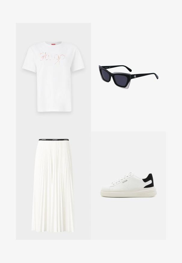 T-shirt de algodão branco com um logótipo "Hugo" em cursivo e cor de rosa dourada brilhante na parte da frente. Decote redondo padrão e mangas curtas.; Saia plissada branca com uma cintura elástica preta que apresenta o logótipo "LACOSTE". Design de comprimento médio com textura suave.; Sapatilhas brancas de couro com uma sola branca espessa, detalhe em camurça preta no calcanhar e logótipo em relevo na lateral. Design com atacadores e seis ilhós.; Óculos de sol oversized pretos com forma geométrica, apresentando lentes escuras e um detalhe cinza em contraste na armação. Logotipo na haste.