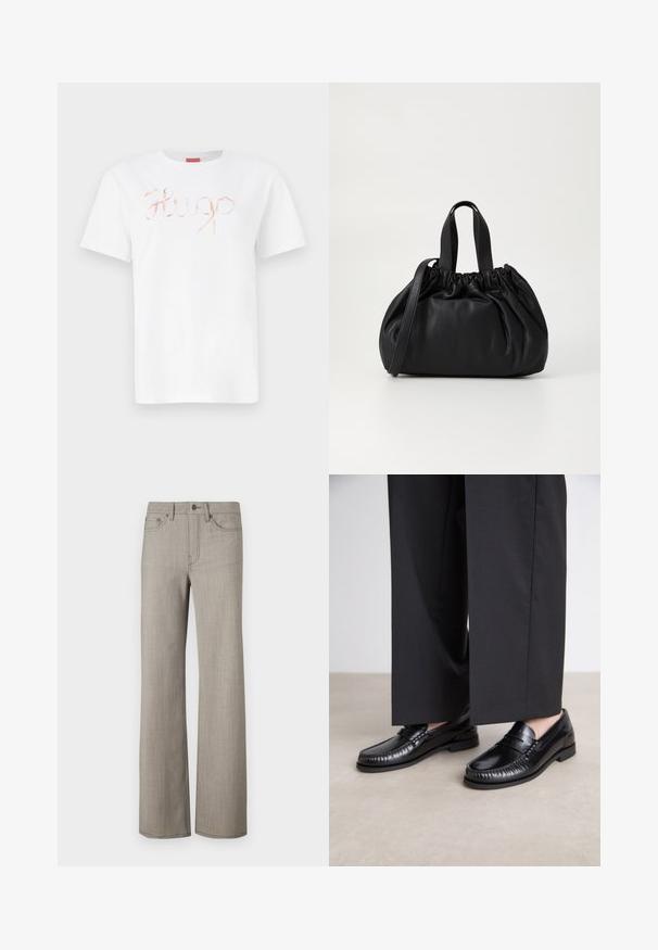 Camiseta de algodón blanca con un logo "Hugo" en cursiva y en rosa dorado brillante en la parte delantera. Cuello redondo estándar y mangas cortas.; Pantalones de pierna ancha en un gris claro, con una tela texturizada y un acabado suave. Presenta un cierre de botón y un diseño de cinco bolsillos.; Mocasines de cuero negro con un acabado suave, con costuras alrededor de la punta y una suela de goma baja. Combinados con pantalones anchos negros.; Bolso de mano de cuero negro con un diseño de parte superior fruncida, que cuenta con dos asas cortas y una correa larga ajustable. Textura suave, forma redondeada.