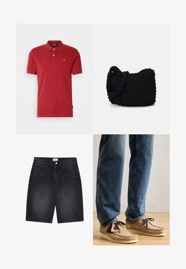 Rode katoenen polo met een klassieke kraag, een sluiting met twee knopen, korte mouwen en een klein geborduurd logo aan de linkerkant.; Zwarte denimshorts met een klassiek ontwerp. Met vijf zakken, gesloten met een knoop aan de voorkant en stiksel details. Soepele textuur en rechte snit.; Suède mocassins in tan met een donkerbruin accent, ronde neus en een zachte witte zool. Beschikt over een vetersluiting en gestikte details.; Zwarte stoffen tas met een gestructureerd, gewatteerd patroon. Rondvormig, korte, dikke handvatten en een zachte, flexibele structuur.