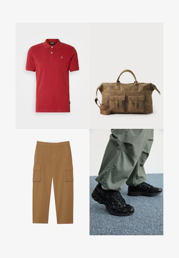Czerwona bawełniana koszulka polo z klasycznym kołnierzykiem, zapięciem na dwa guziki, krótkimi rękawami i małym haftowanym logo po lewej stronie.; Brązowe spodnie cargo z dwoma bocznymi kieszeniami, gładkim przodem i prostą nogawką. Wykonane z trwałego materiału o gładkiej fakturze.; Czarne sportowe sneakersy z błyszczącą i siateczkową teksturą, z grubą podeszwą i sznurowadłami, w połączeniu z luźnymi oliwkowymi spodniami cargo.; Brązowa skórzana torba podróżna z dwiema przednimi kieszeniami, regulowanym paskiem na ramię, złotymi elementami i solidnymi uchwytami górnymi. Gładka textura.