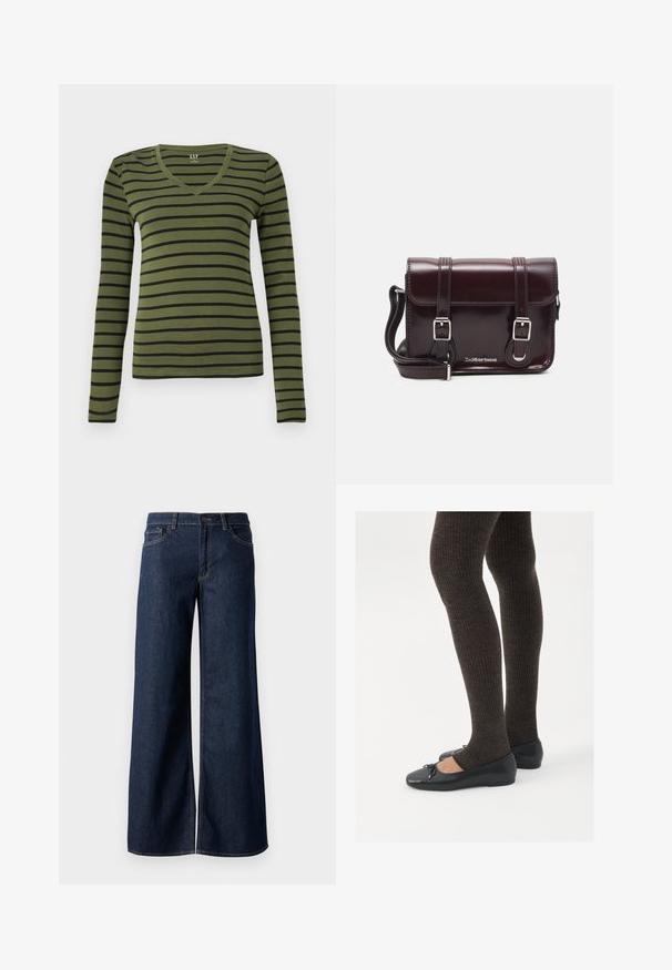 Olivengrøn, langærmet V-hals t-shirt med sorte vandrette striber, tætsiddende pasform og GAP-mærke inde i kraven.; Bredde ben jeans i mørkeblå denim. Har kontrastsyninger, fem lommer og en knaplukning i taljen. Glat tekstur.; Sorte flade sko med en lille sløjfedetalje ved tåen, parret med mørkebrune ribbede strømpebukser. Skoene har en glat overflade og lav profil.; Burgunderfarvet patentlæder crossover taske med rektangulær form, to remme, sølv hardware og flaplukning.