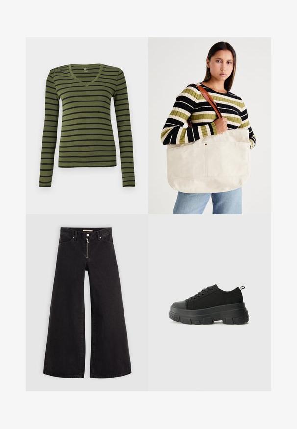 Camisa de manga longa verde-azeitona com decote em V e listras horizontais pretas, corte ajustado e etiqueta GAP no interior da gola.; Calças de ganga de perna larga em denim preto com fecho éclair à frente, design de cinco bolsos e detalhes de costura subtil. Textura suave e estilo casual.; Sneakers pretos com sola de borracha robusta, parte superior de tecido texturizado, bico redondo e design de atacadores. Apresenta ilhós reforçados e uma alça na parte posterior.; Grande bolsa de lona bege com alças de couro castanho, apresentando um design minimalista e costuras visíveis como destaque.