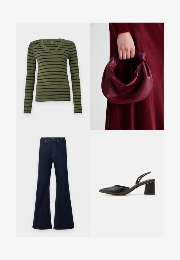 Olivovo zelená dlhá rukávová tričko s výstrihom do V a čiernymi horizontálnymi pruhmi, priliehavý strih, s etikettou GAP vo vnútri goliera.; Tmavomodré rozšírené džíny s vysokým pásom, prednými vreckami a zlatými stehmi. Hladká textúra s tradičným strihom.; Čierne sľučkové topánky s ostrou špičkou vyrobené z hladkej kože, s nízkym blokovým podpätkom a tenkými pásikmi vzadu pre bezpečné uchytenie.; Burgundská kožená kabelka s mäkkým, zhromaždeným dizajnom a zaobleným tvarom. Rukoväť je pevne zaisťujúca a vystavuje hladkú textúru.